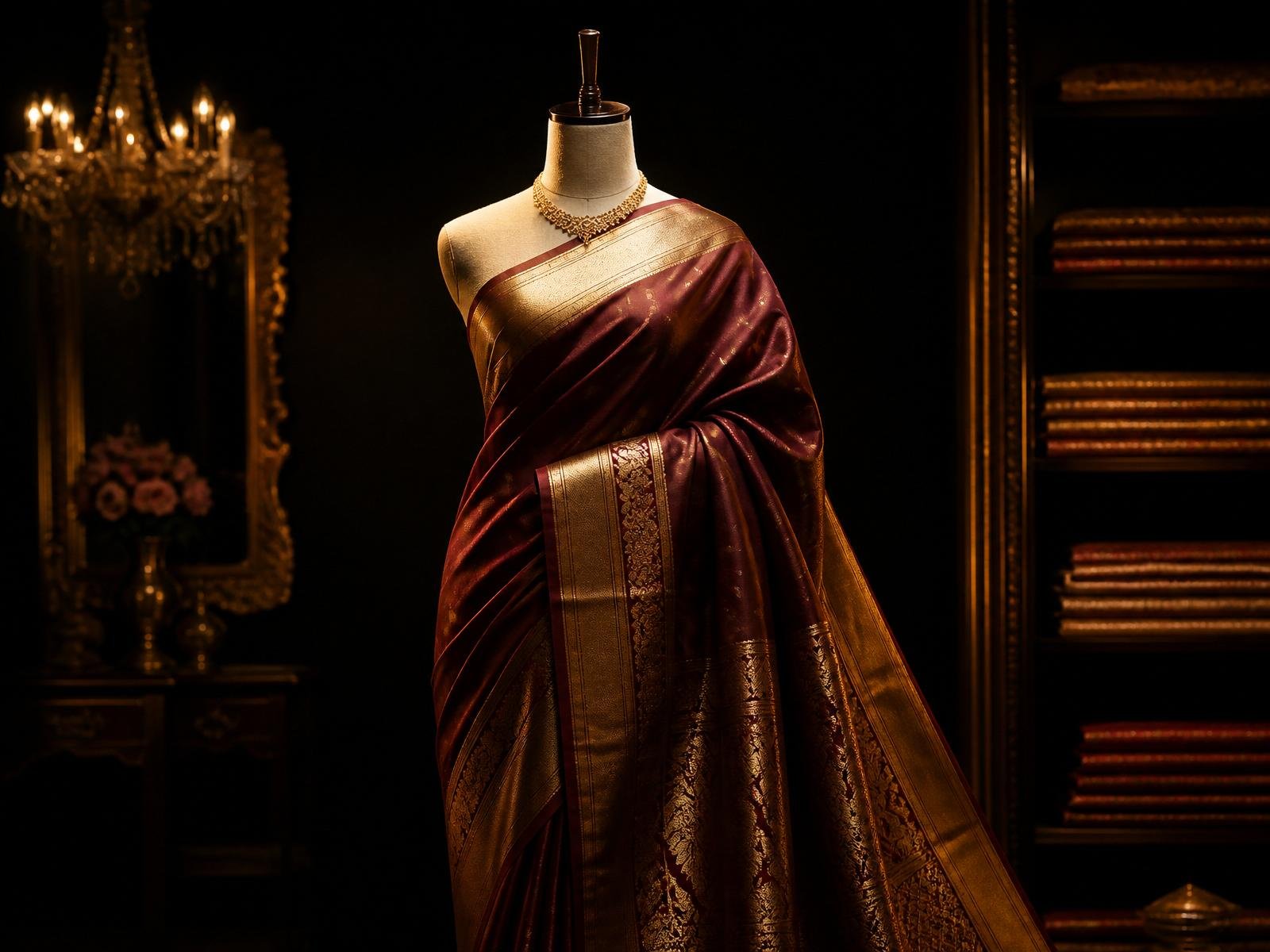 Silk saree with gold zari border draped in the Vasthrika Collections store