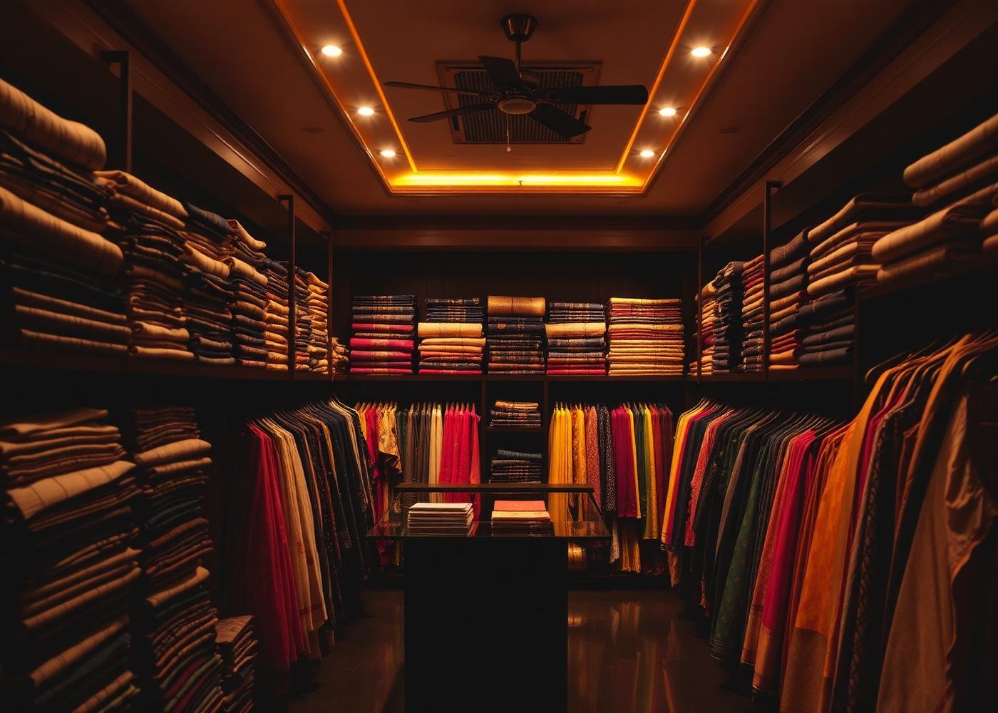Interior of the Vasthrika Collections store with shelves of sarees